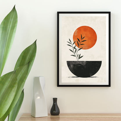 Minimalist Japandi plant and sun art print for contemporary decor