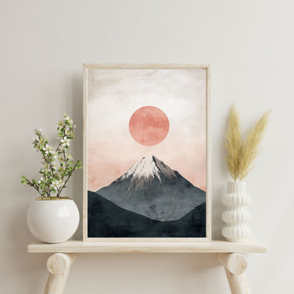 Sunrise over mountains Japandi art print for elegant wall decor