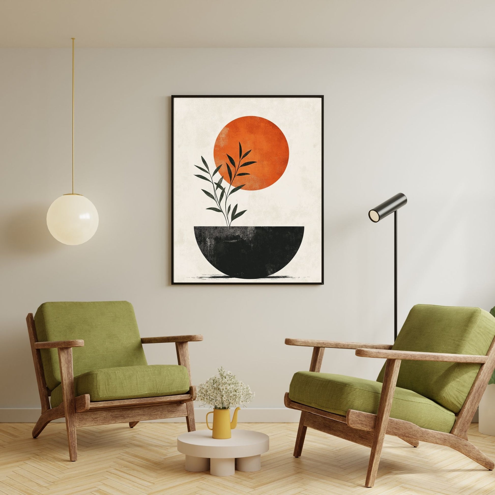 Japandi wall art featuring a bold orange sun with minimalist plant design