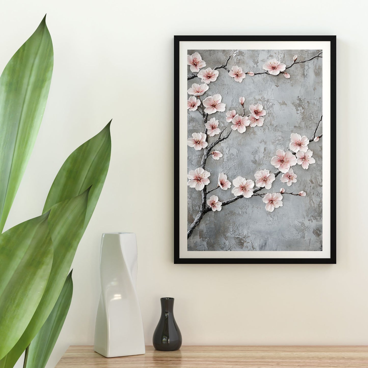 Japandi wall art featuring delicate cherry blossoms on a minimalist background