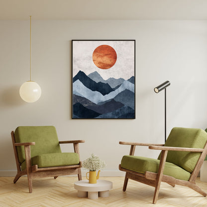 Japandi wall art featuring a minimalist mountain landscape with a glowing sun