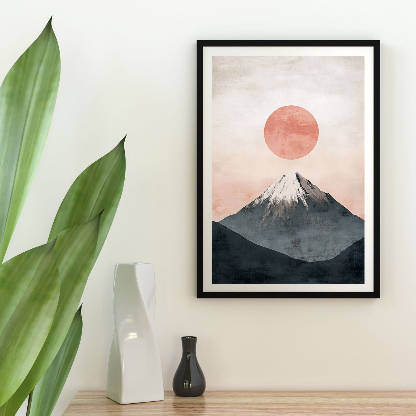 Japandi wall art featuring a serene sunrise over a mountain landscape