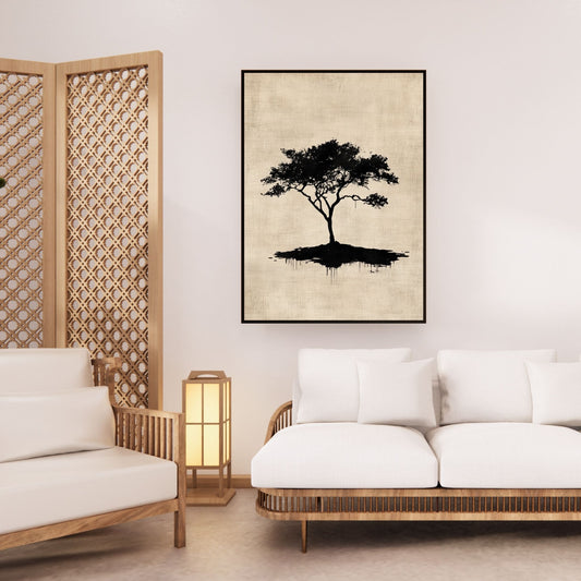 Japandi wall art featuring a minimalist tree silhouette for serene decor