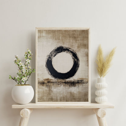 Japandi wall art featuring a bold minimalist Zen circle design