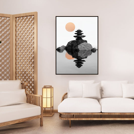 Japandi wall art featuring stacked stones and their reflection in calm water