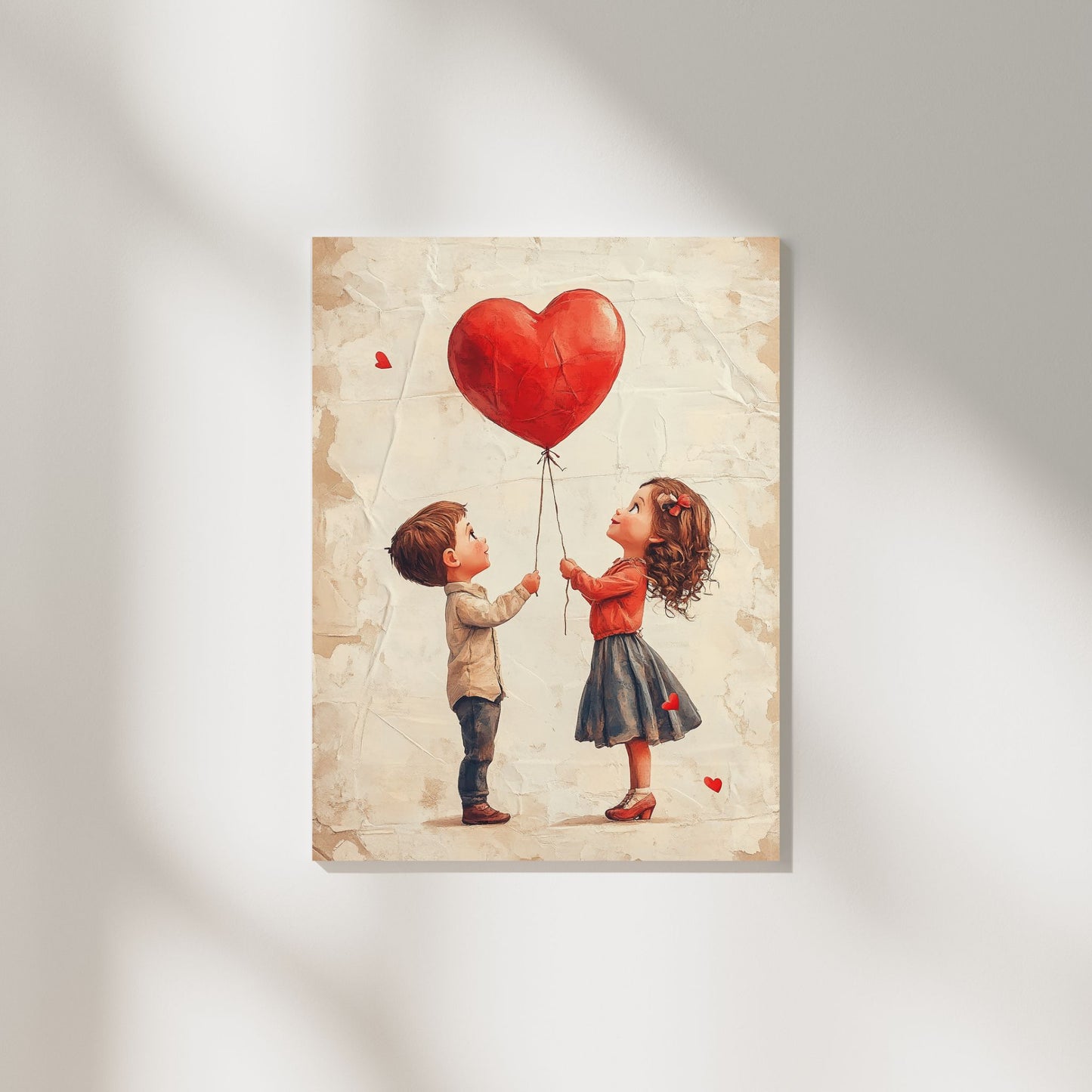 Valentine’s Day wall art with two children holding a large heart-shaped balloon