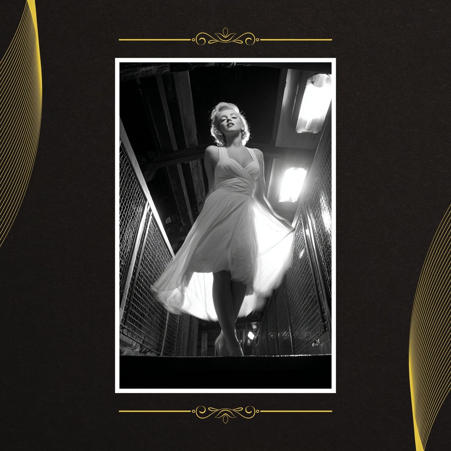 Black and white photo of a woman in a dress with decorative gold elements on a black background