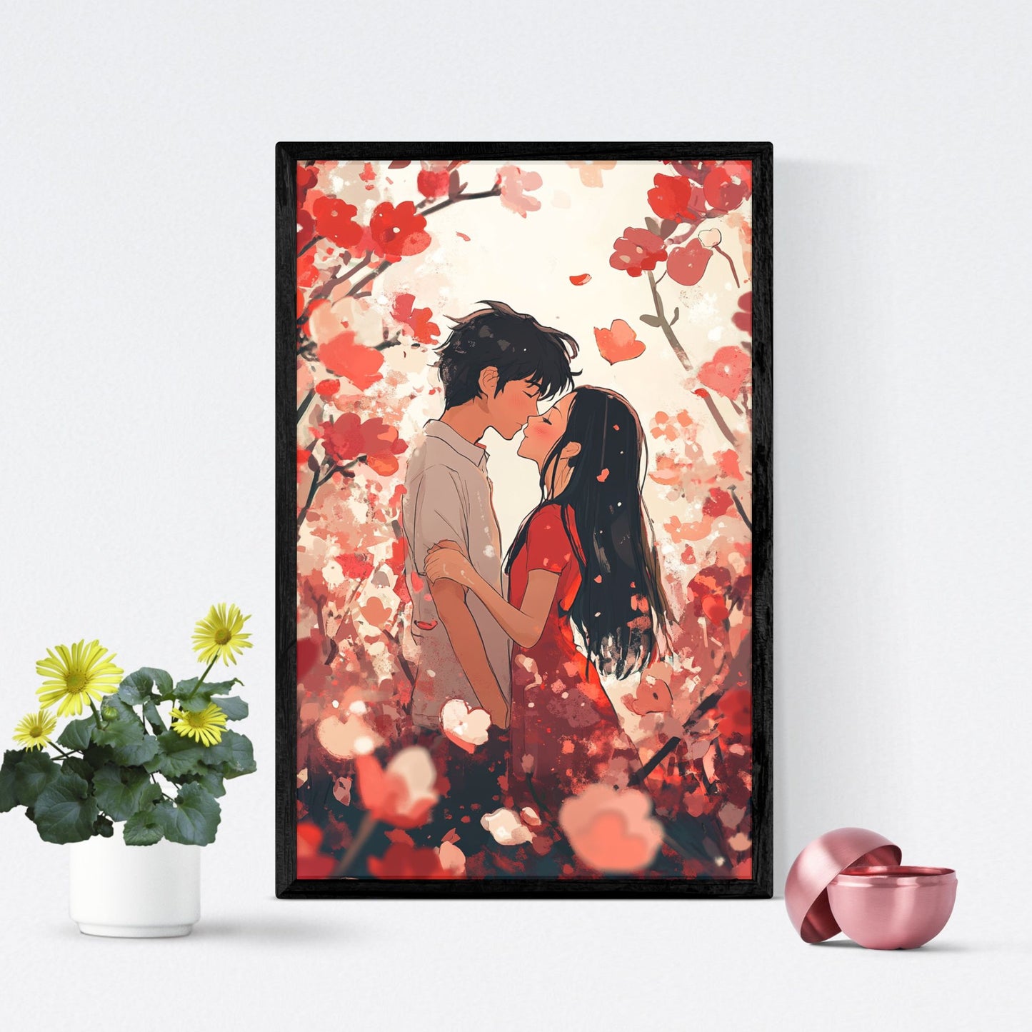 Couple embracing under blossoming flowers, perfect for your Valentine’s Day wall decor