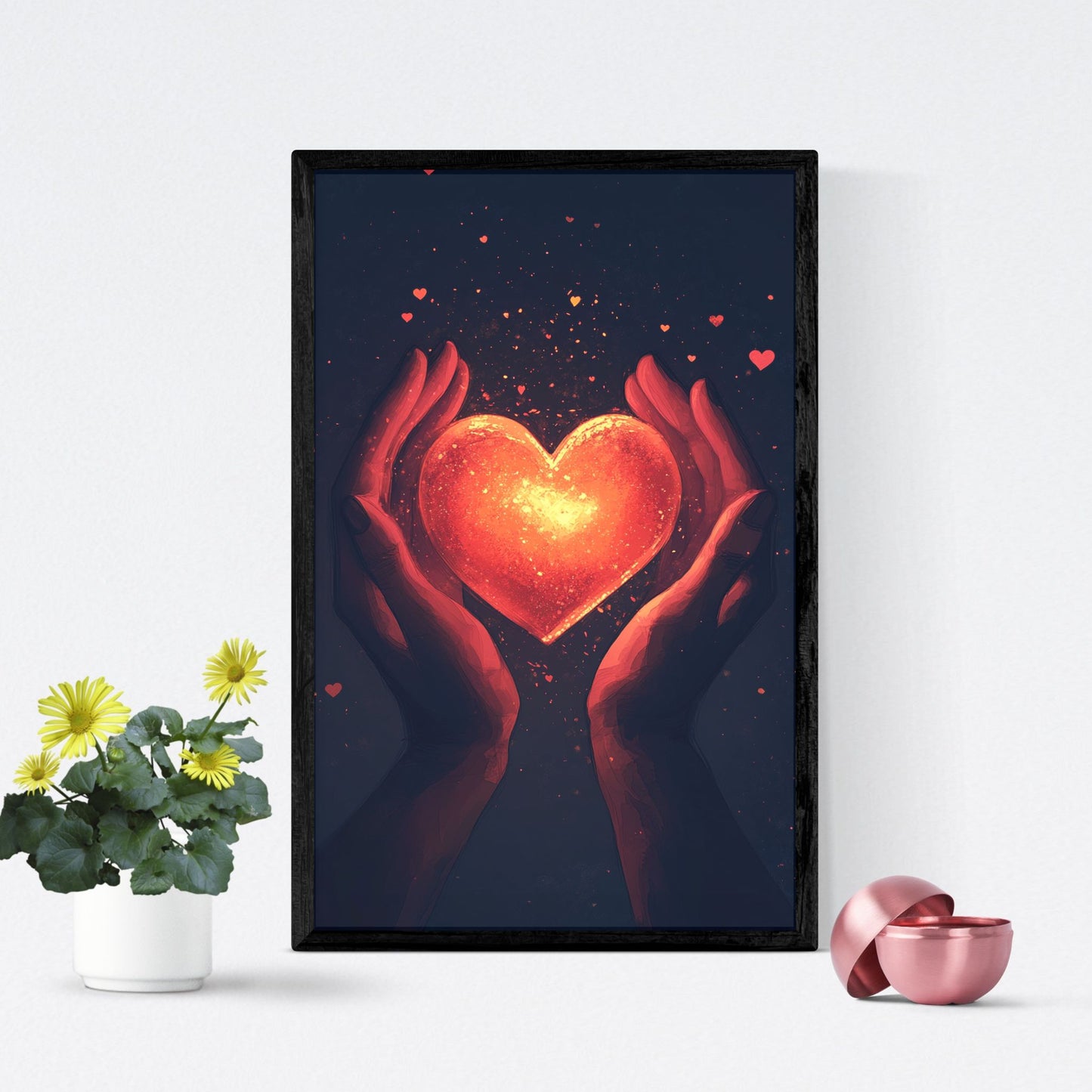 Beautiful Valentine’s heart glowing in hands surrounded by floating hearts