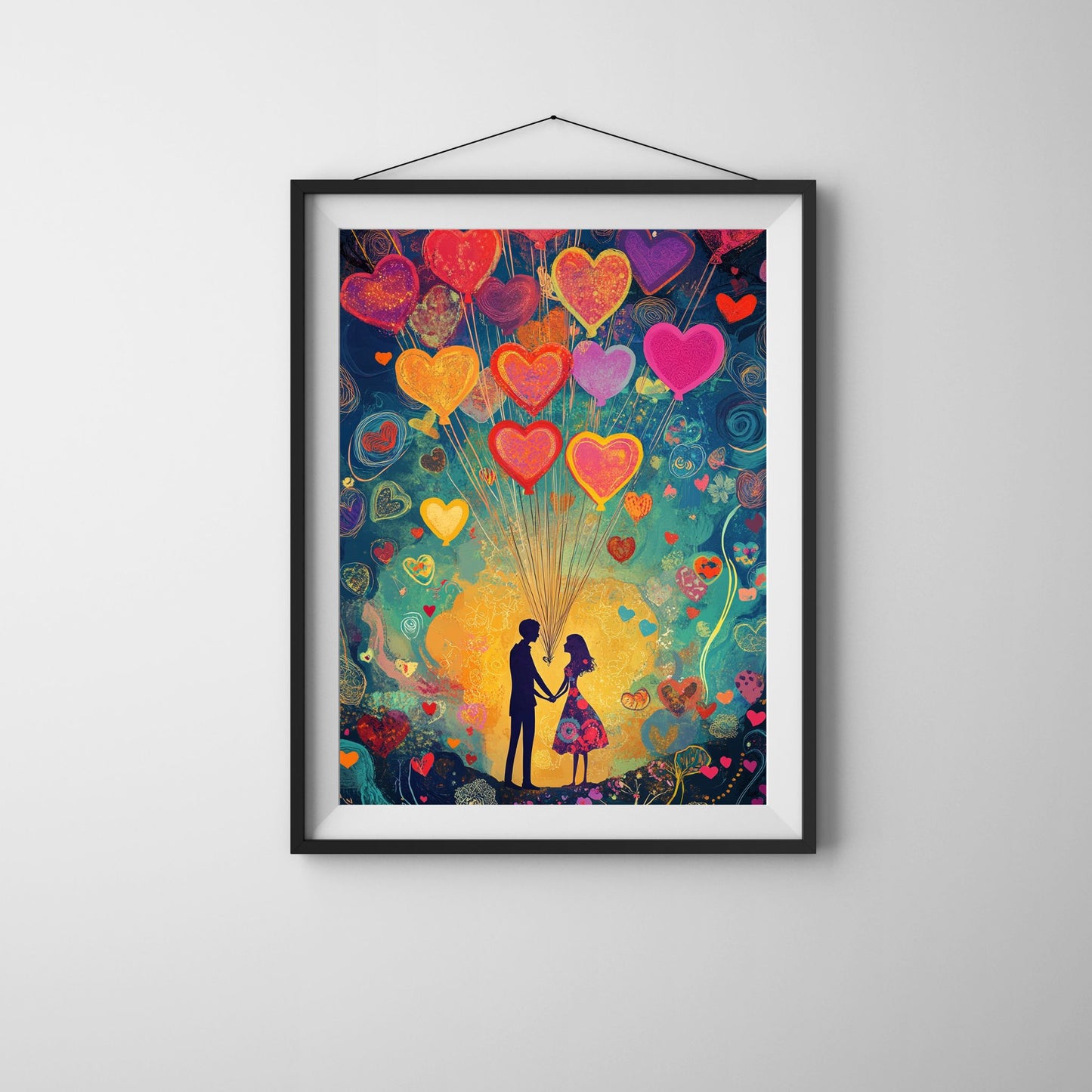 Valentine’s Day art with heart balloons surrounding a couple in a colorful setting.