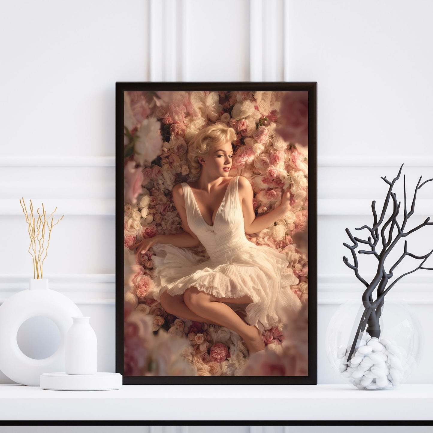 Framed artwork of Marilyn Monroe in a white dress surrounded by flowers on a white wall.
