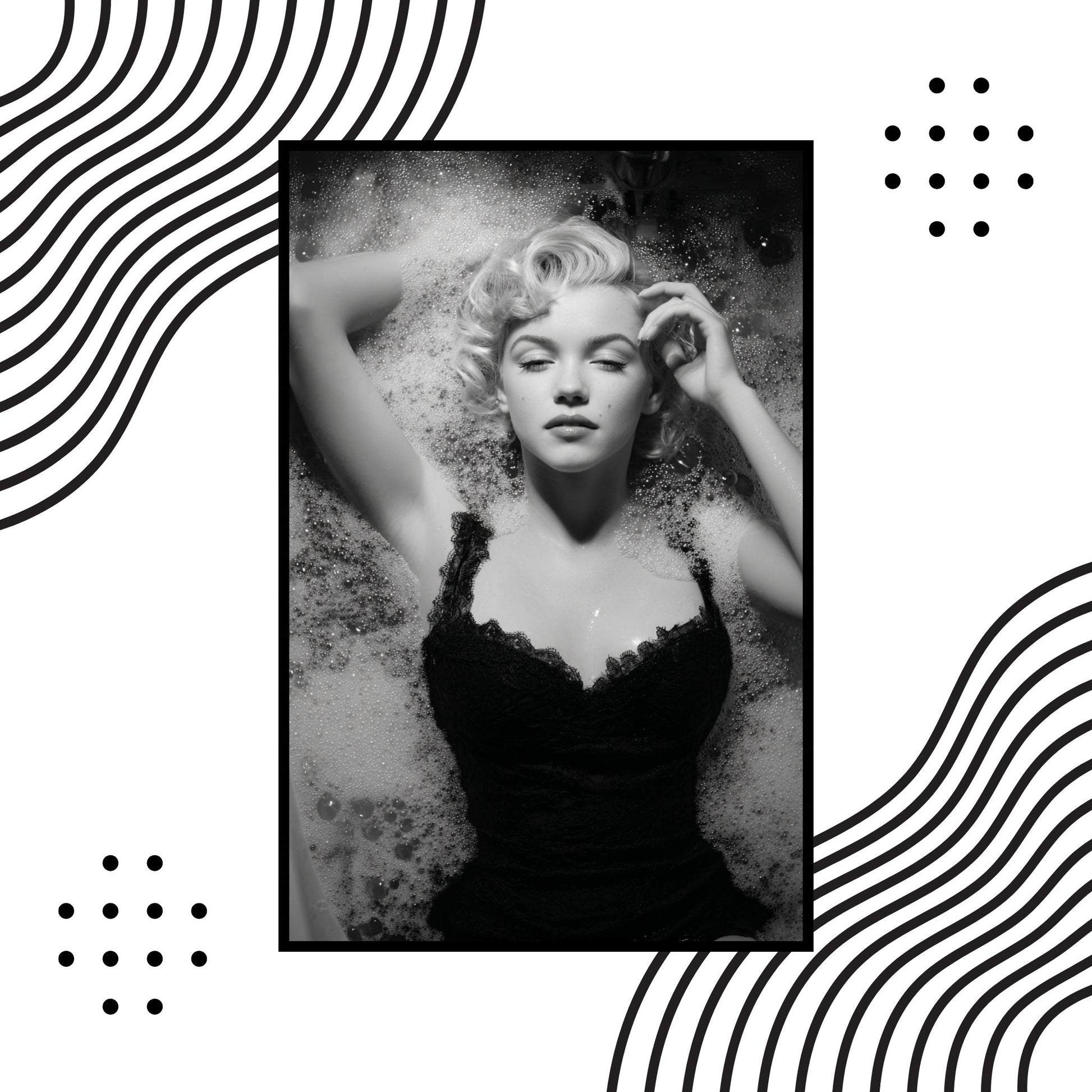 Marilyn Monroe black and white wall art in bathtub, intimate moment