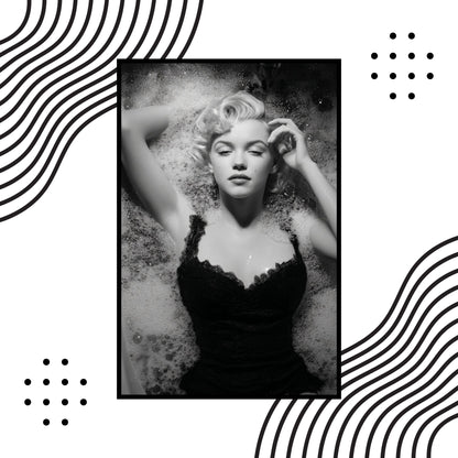 Marilyn Monroe black and white wall art in bathtub, intimate moment