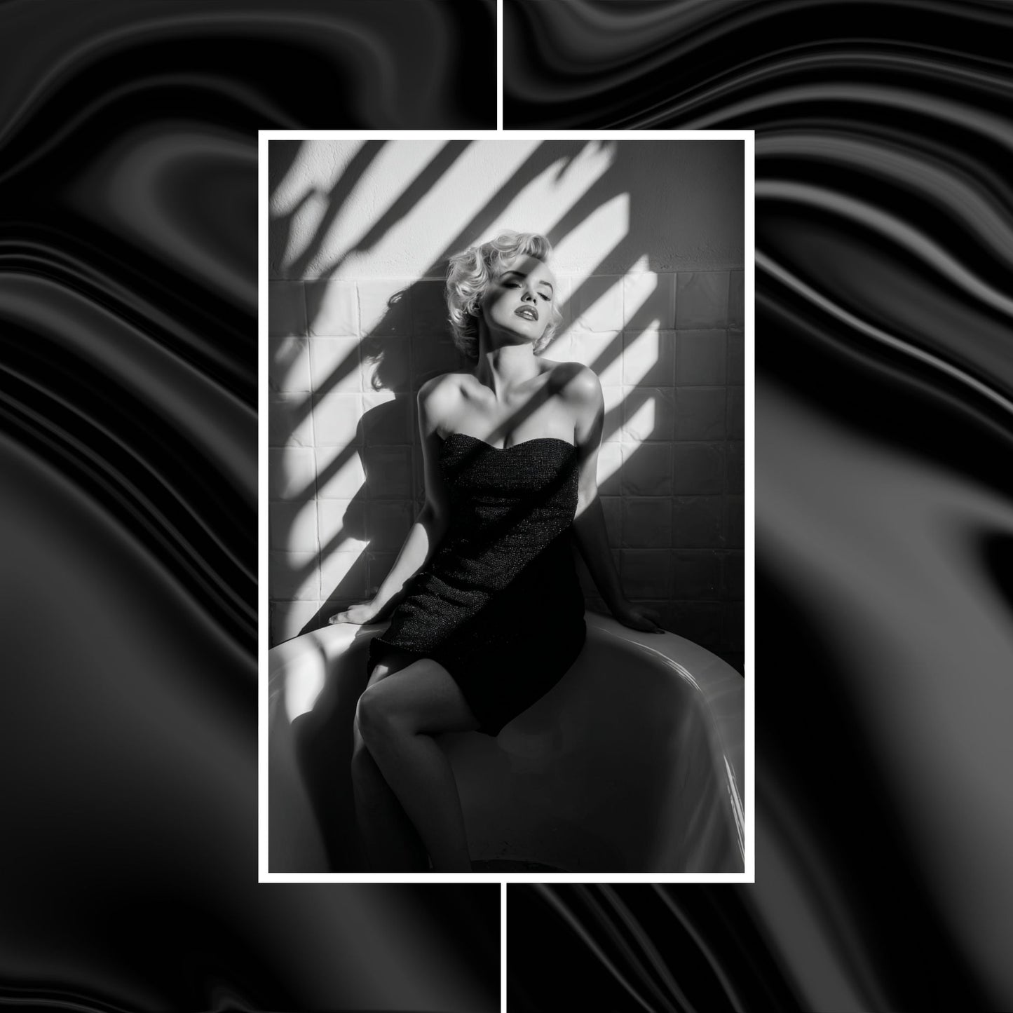 Black and white portrait of Marilyn Monroe in a dress with a stylized border