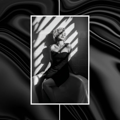 Black and white portrait of Marilyn Monroe in a dress with a stylized border