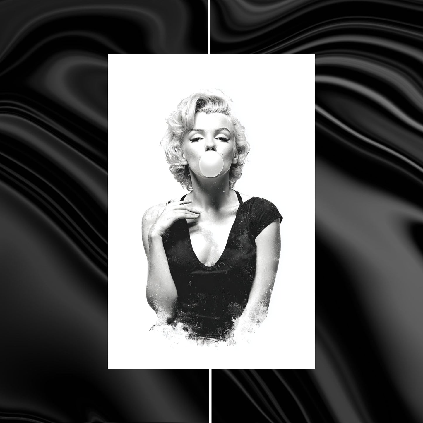 Black and white image of a woman blowing a bubble with gum on a black background