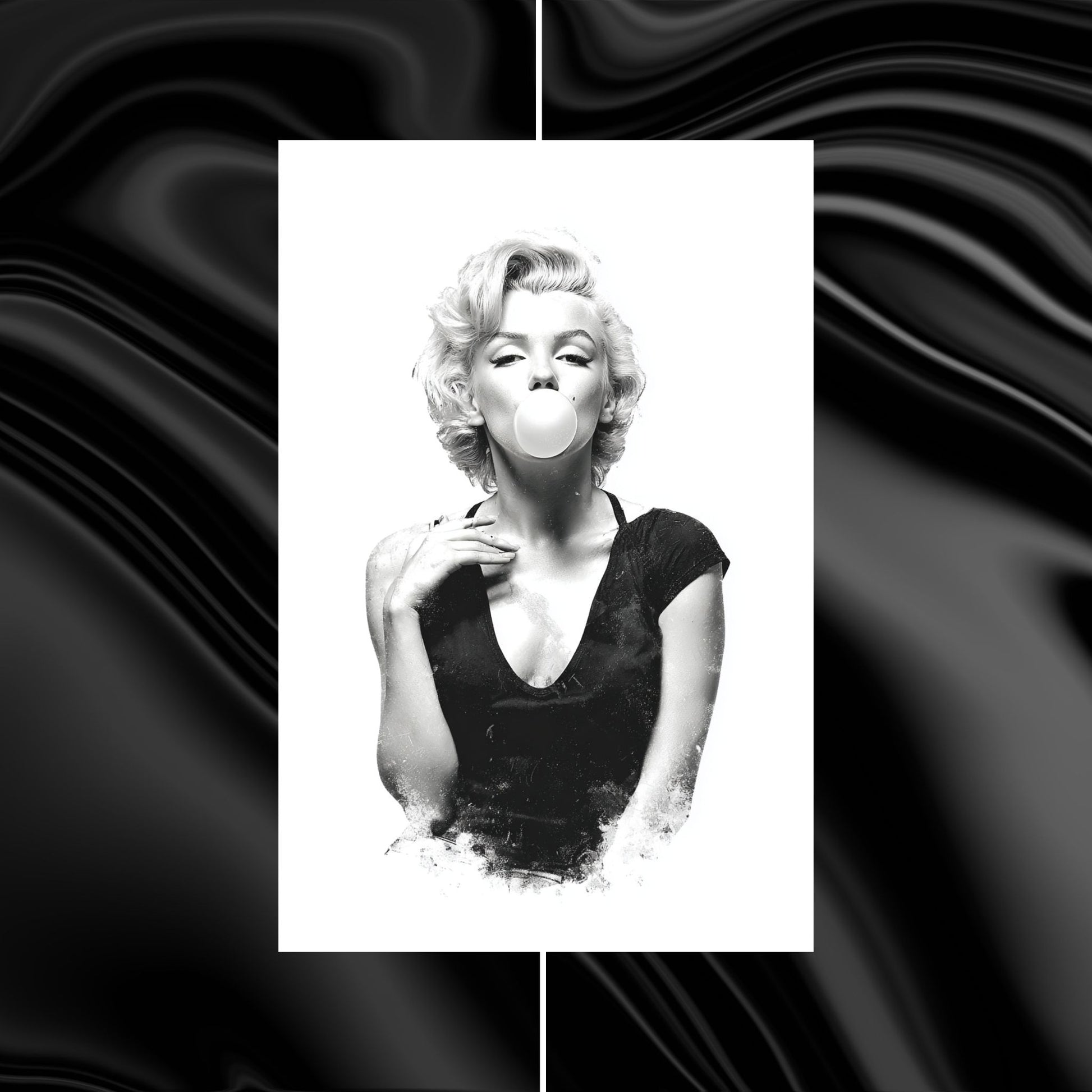 Black and white image of a woman blowing a bubble with gum on a black background