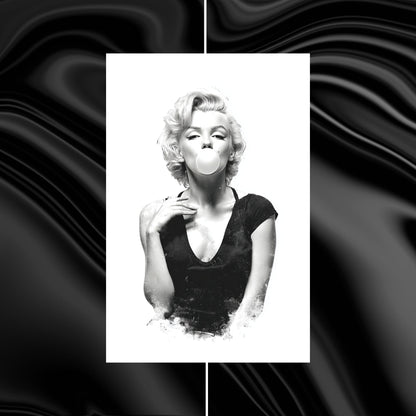 Black and white image of a woman blowing a bubble with gum on a black background