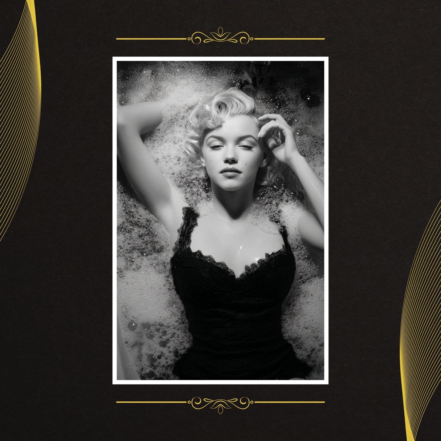 Marilyn Monroe wall art, classic black and white lace bathtub pose