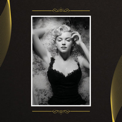 Marilyn Monroe wall art, classic black and white lace bathtub pose