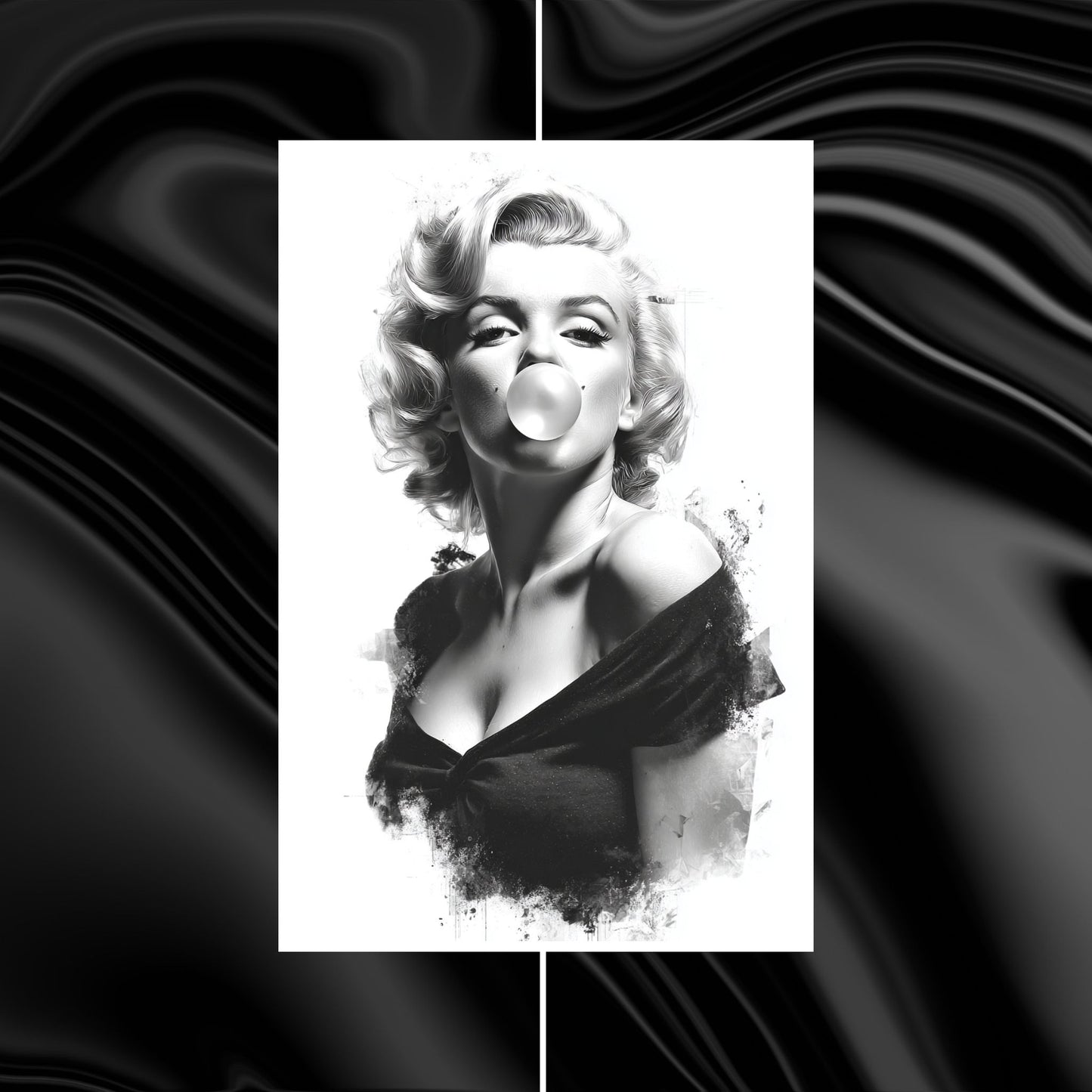 Black and white illustration of a woman blowing a bubble with gum on a wavy black and white background.