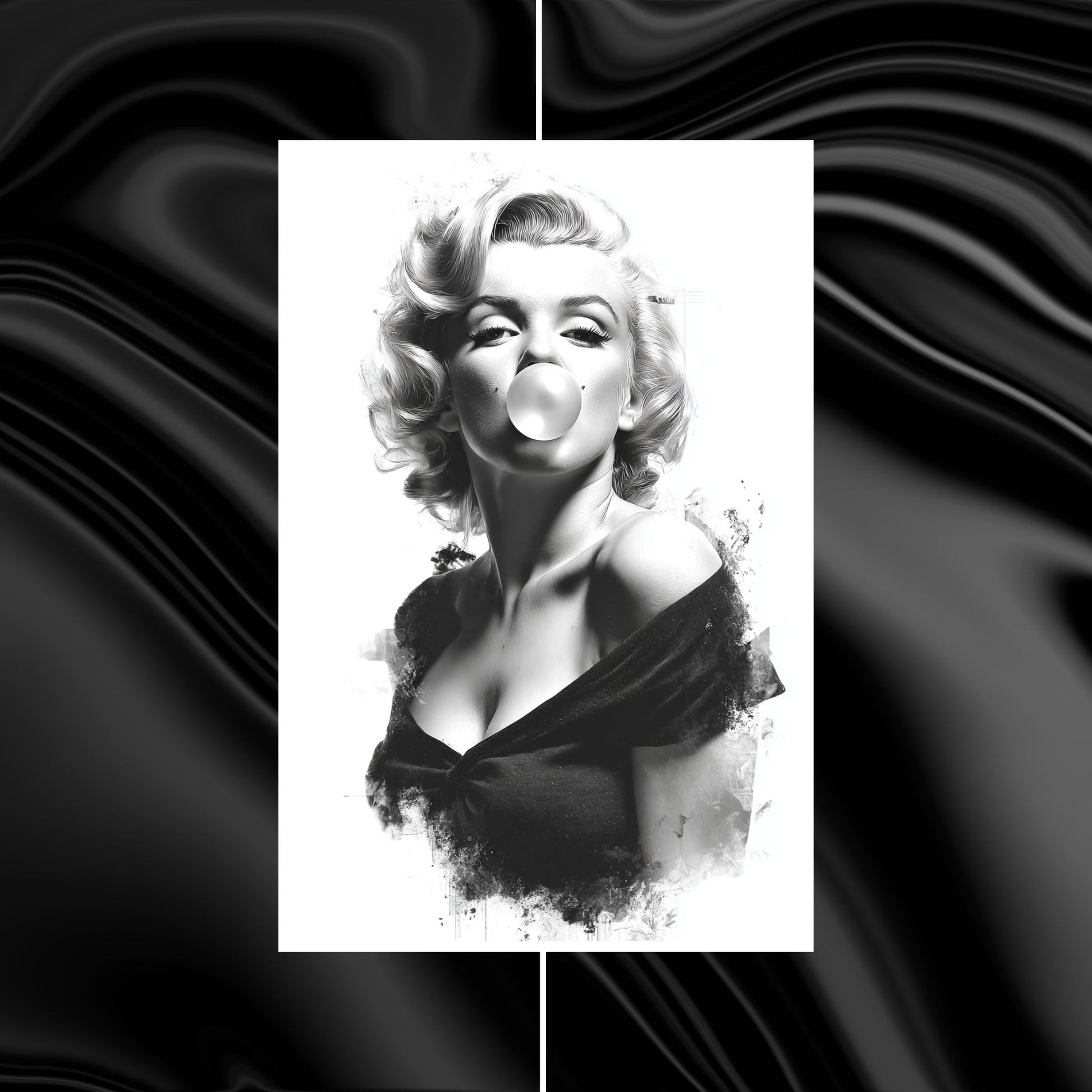 Black and white illustration of a woman blowing a bubble with gum on a wavy black and white background.