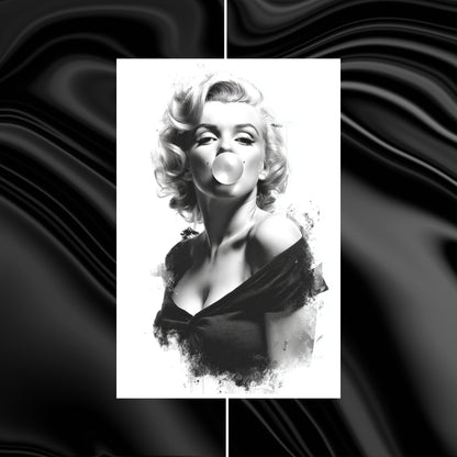 Black and white illustration of a woman blowing a bubble with gum on a wavy black and white background.