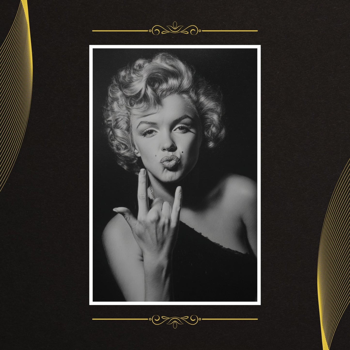 Black and white portrait of a woman with a decorative gold frame on a dark background