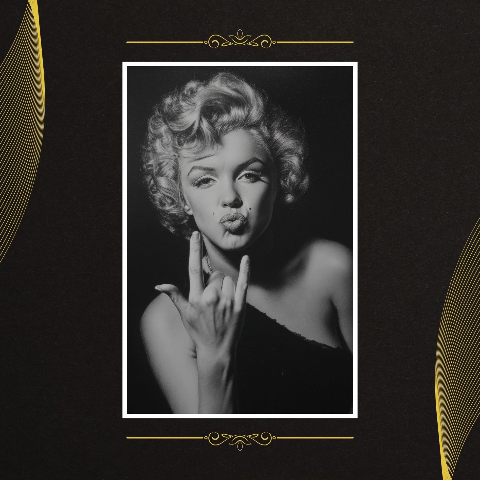 Black and white portrait of a woman with a decorative gold frame on a dark background