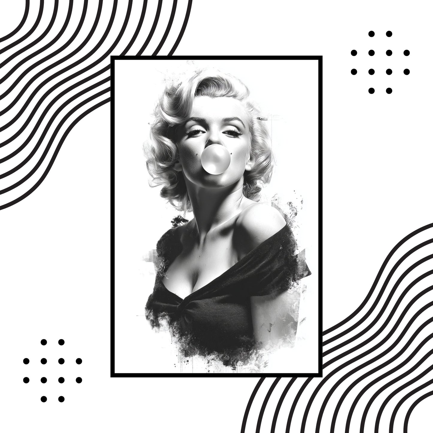 Black and white portrait of a famous actress with decorative patterns on a white background