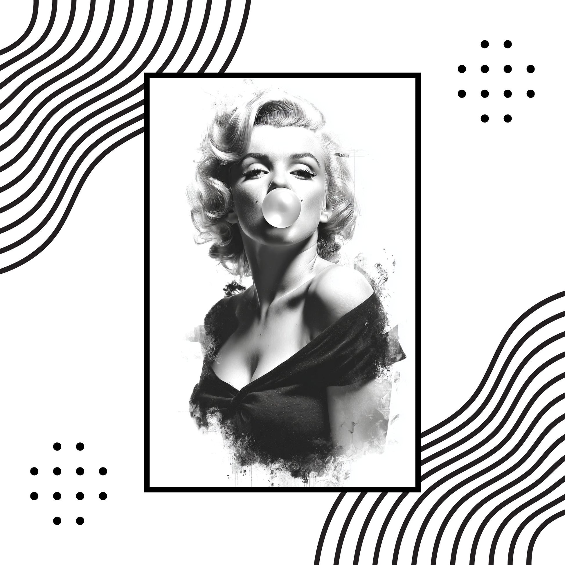 Black and white portrait of a famous actress with decorative patterns on a white background