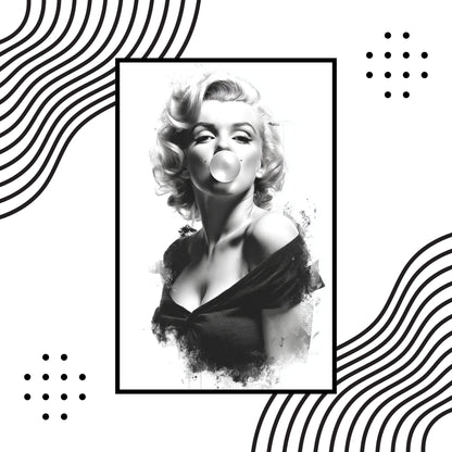 Black and white portrait of a famous actress with decorative patterns on a white background