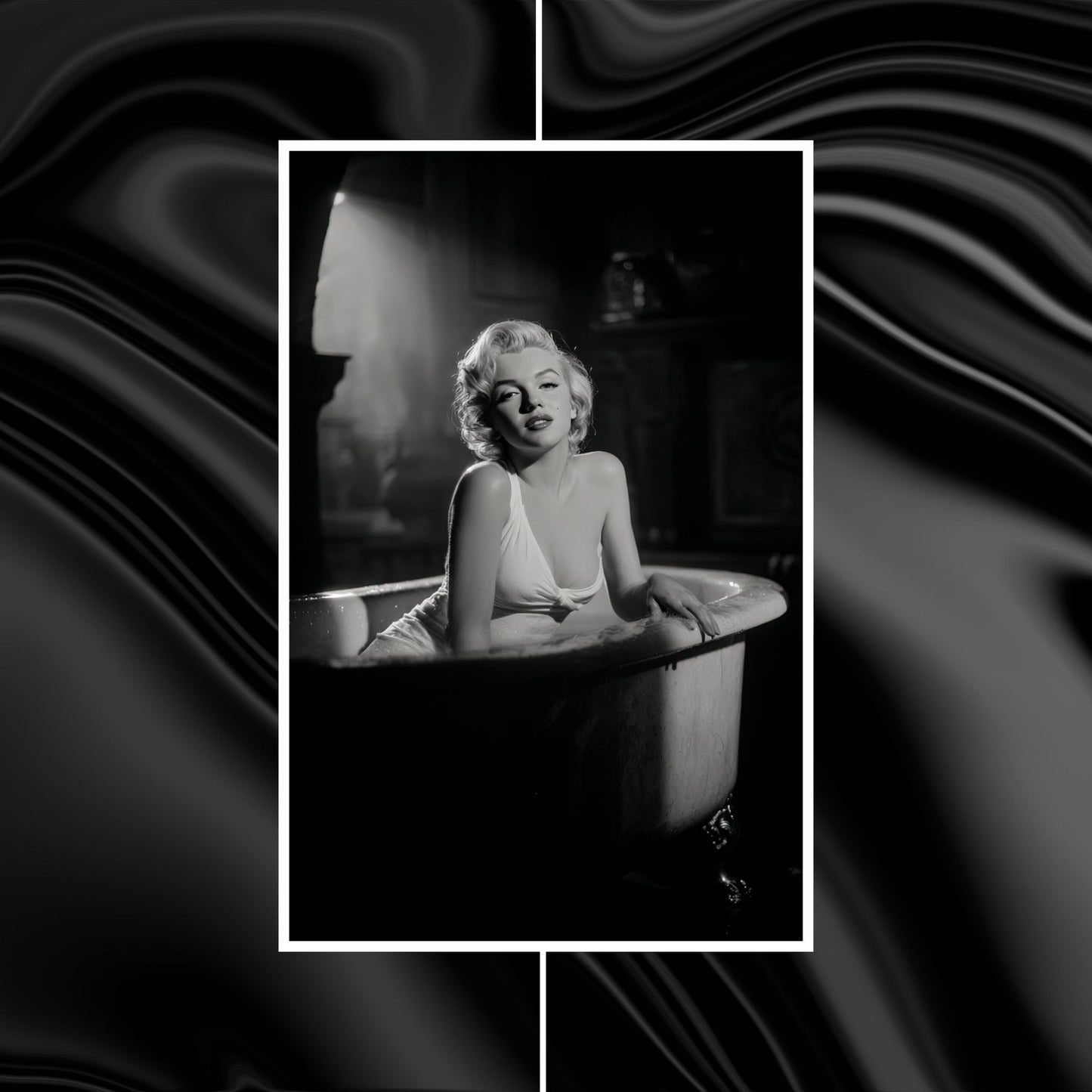 Black and white photo of a woman sitting in a bathtub with a wavy black and white background