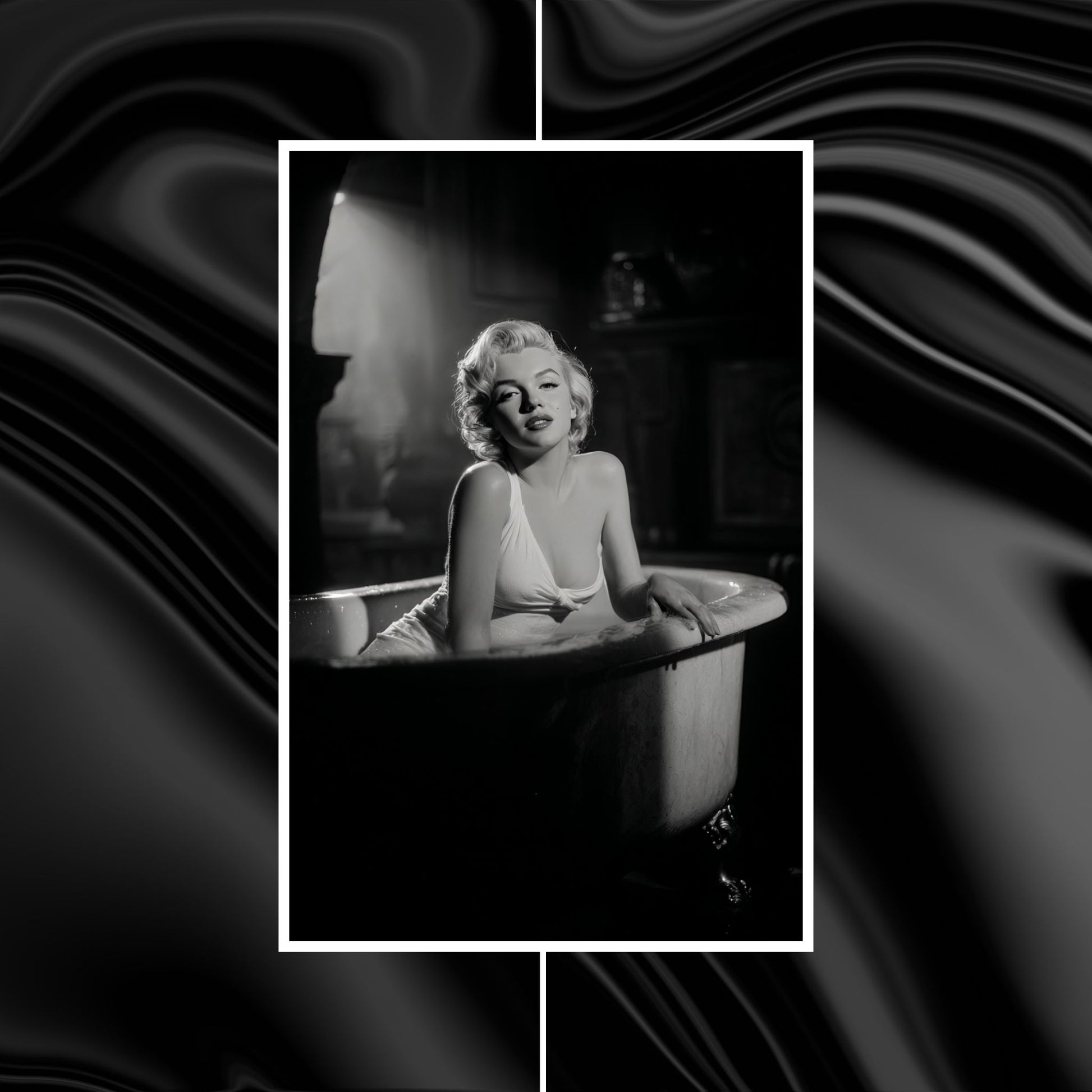 Black and white photo of a woman sitting in a bathtub with a wavy black and white background