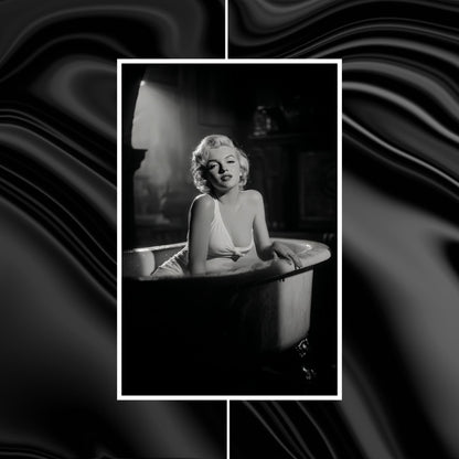 Black and white photo of a woman sitting in a bathtub with a wavy black and white background