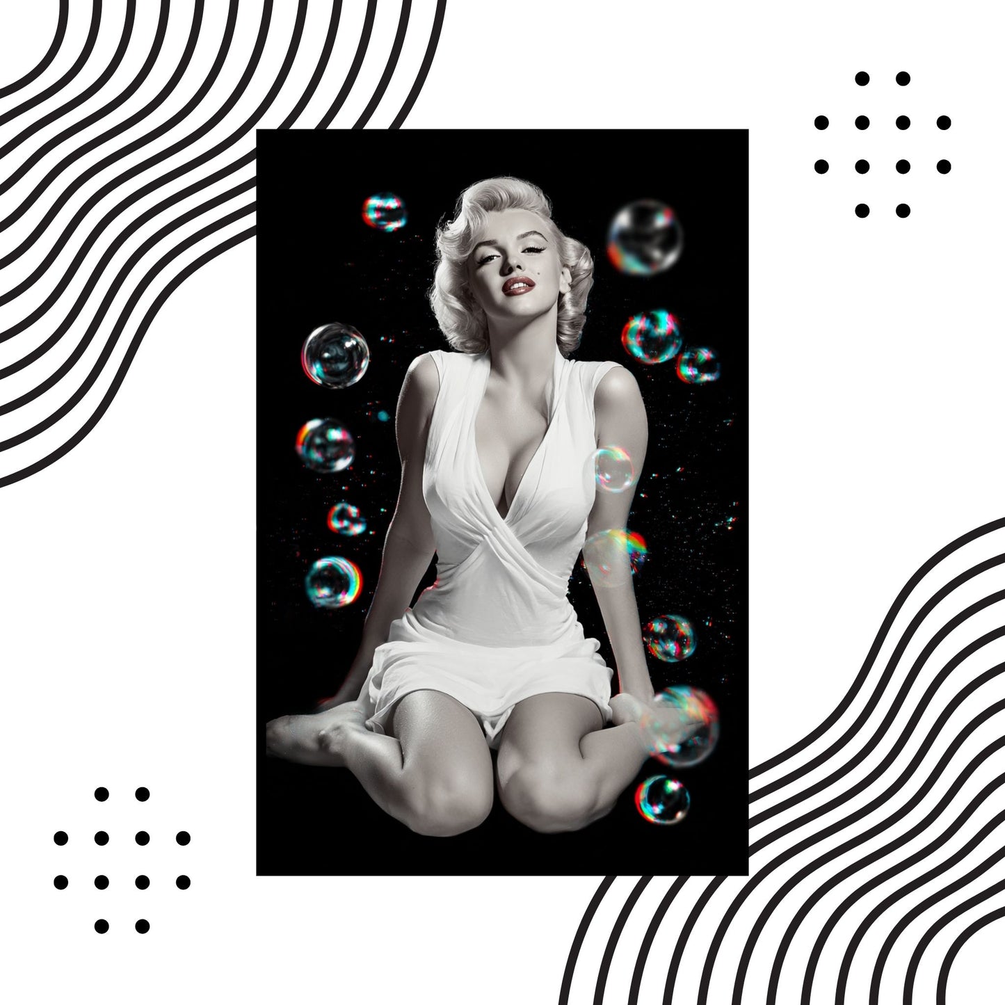 Vintage-style image of a woman in a white dress with soap bubbles.