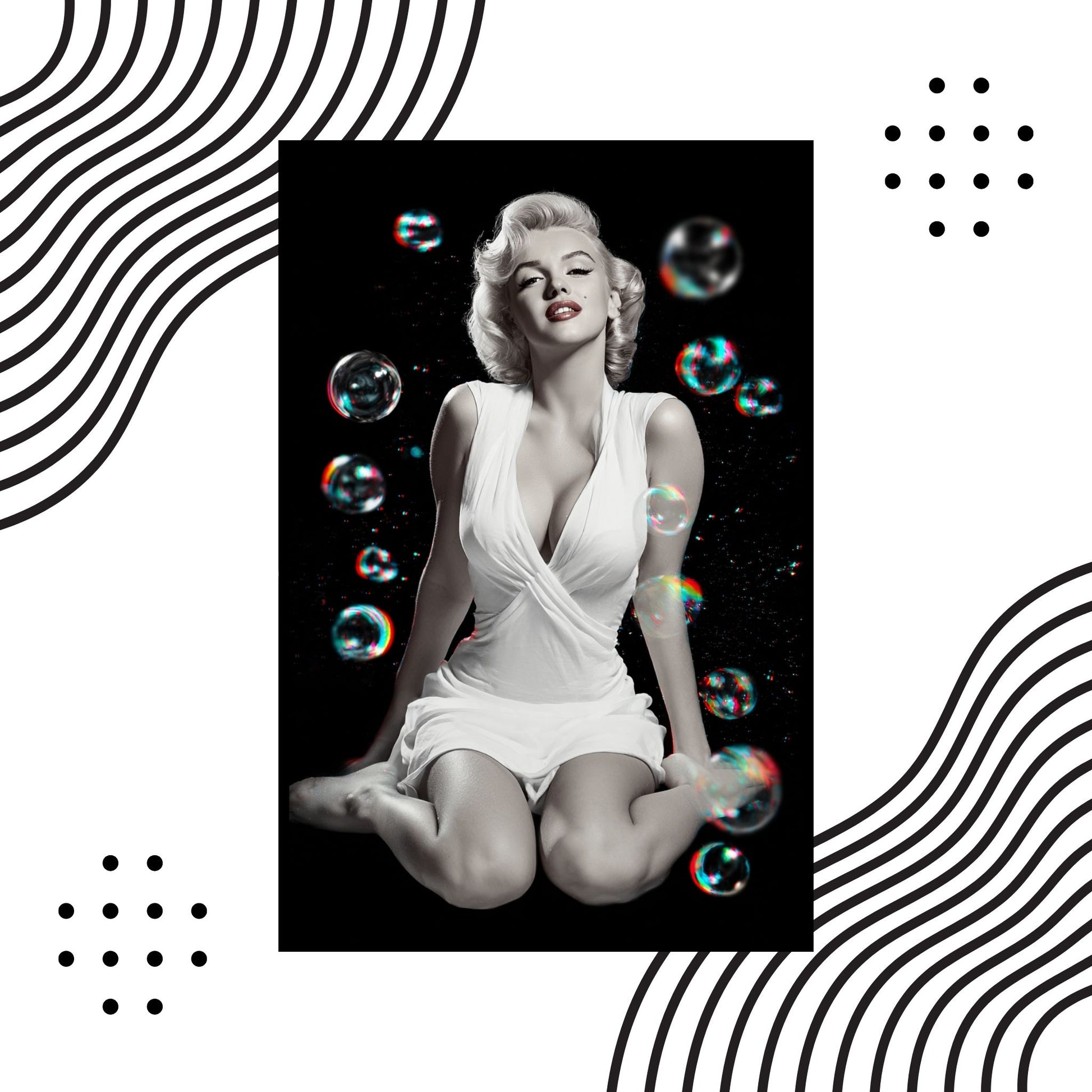 Vintage-style image of a woman in a white dress with soap bubbles.