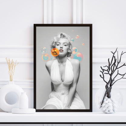 Framed artwork of a stylized portrait of a woman with colorful elements on a white wall.