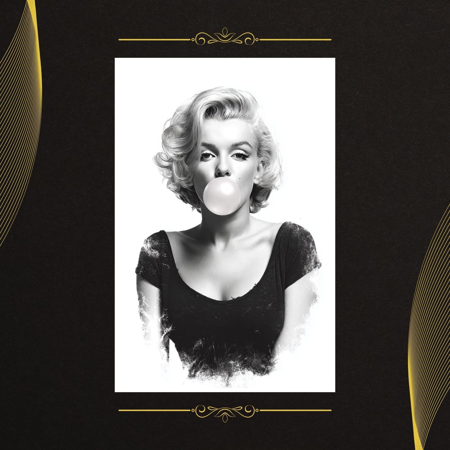 Black and white portrait of a woman blowing a bubble with gum on a decorative background