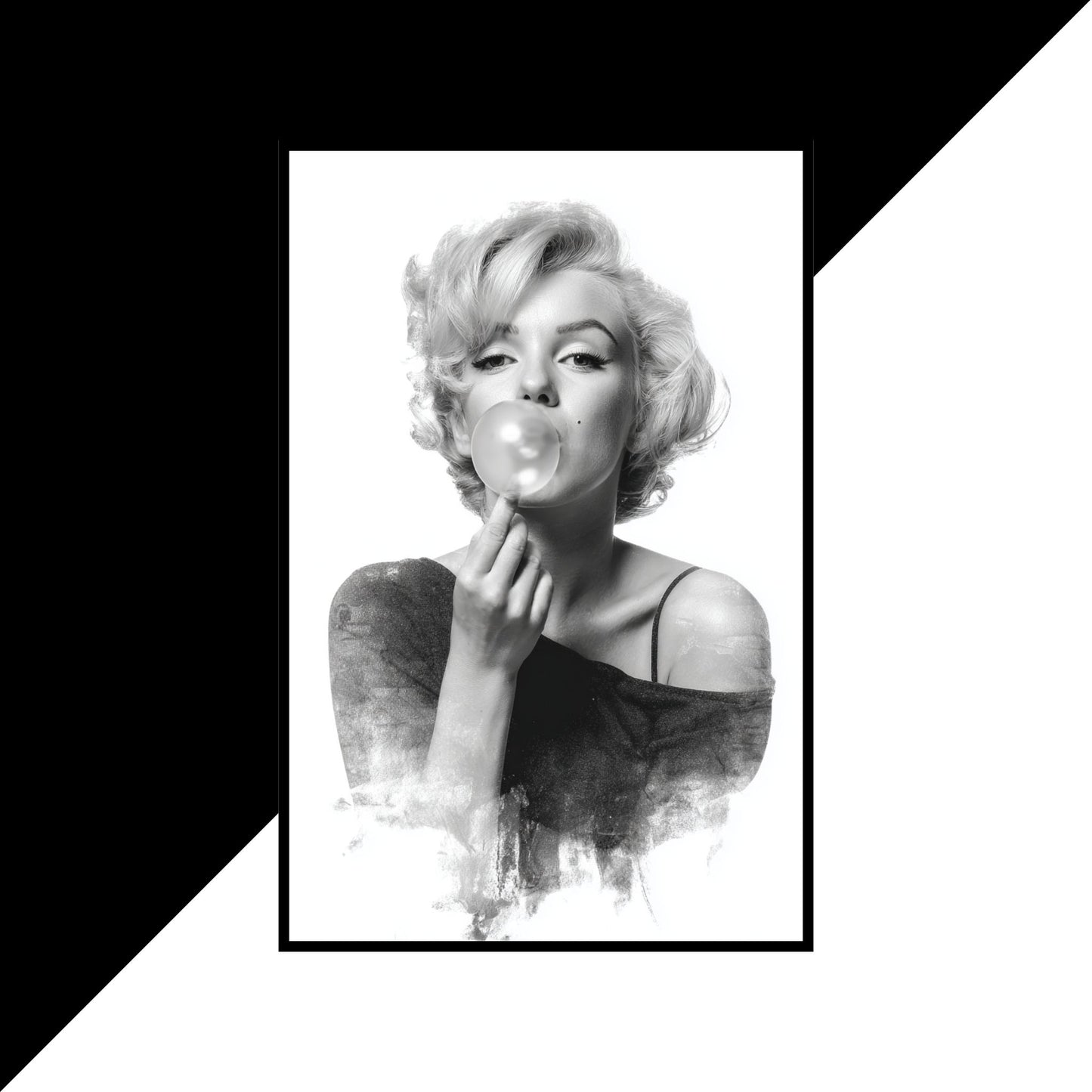 Black and white portrait of a woman blowing a bubble, framed with a geometric design.