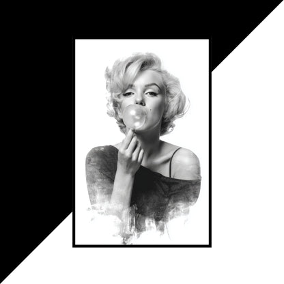 Black and white portrait of a woman blowing a bubble, framed with a geometric design.