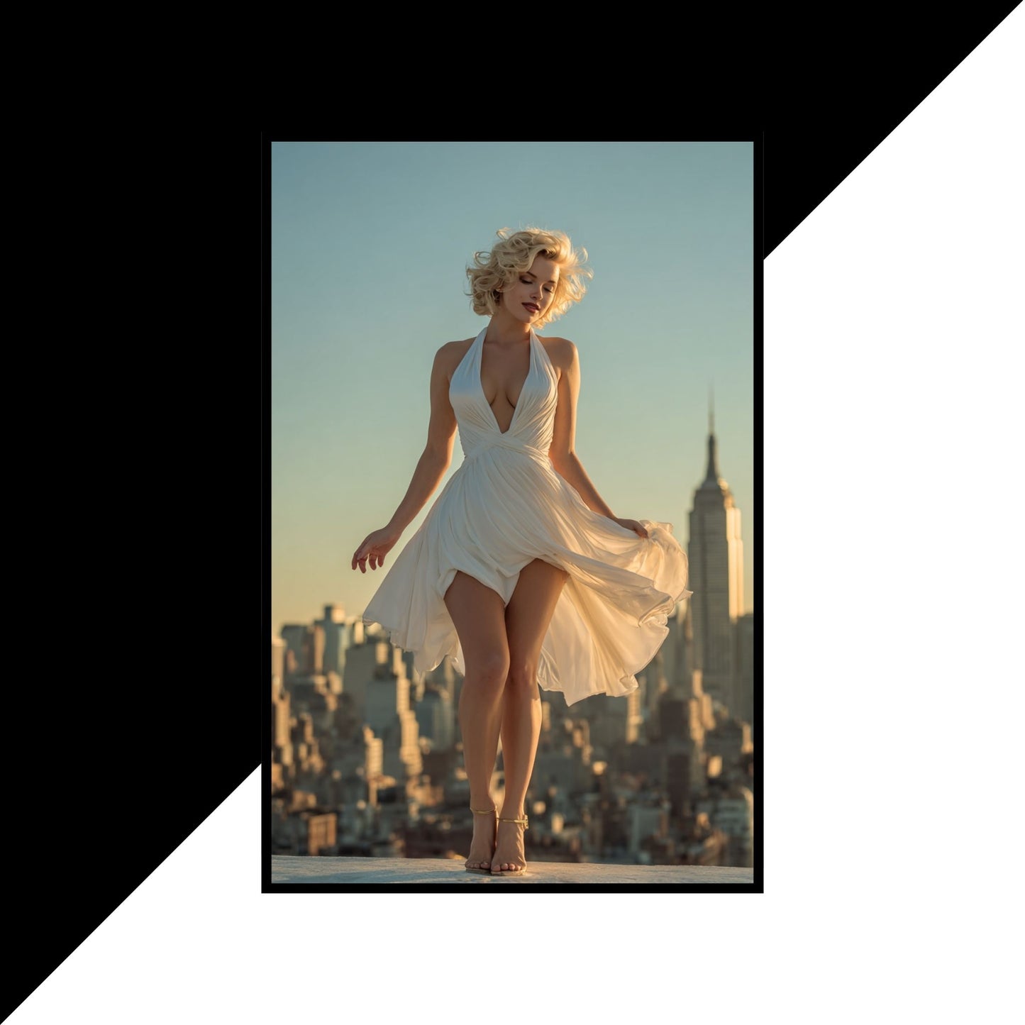 Marily Monroe in a white dress standing on a rooftop with a city skyline in the background