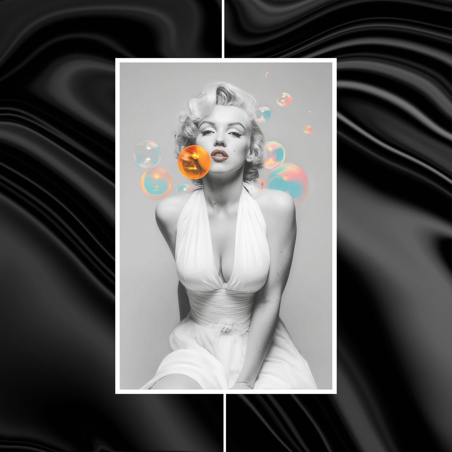 Black and white portrait of a famous actress with colorful bubbles on a black background