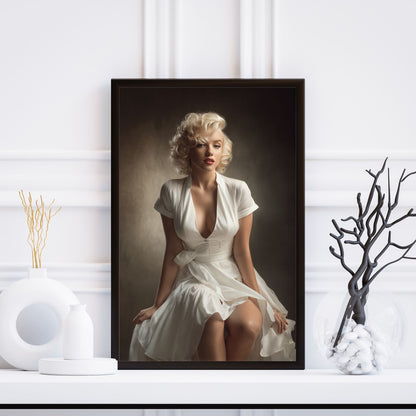 Framed portrait of Marilyn Monroe in a white dress on a white wall.