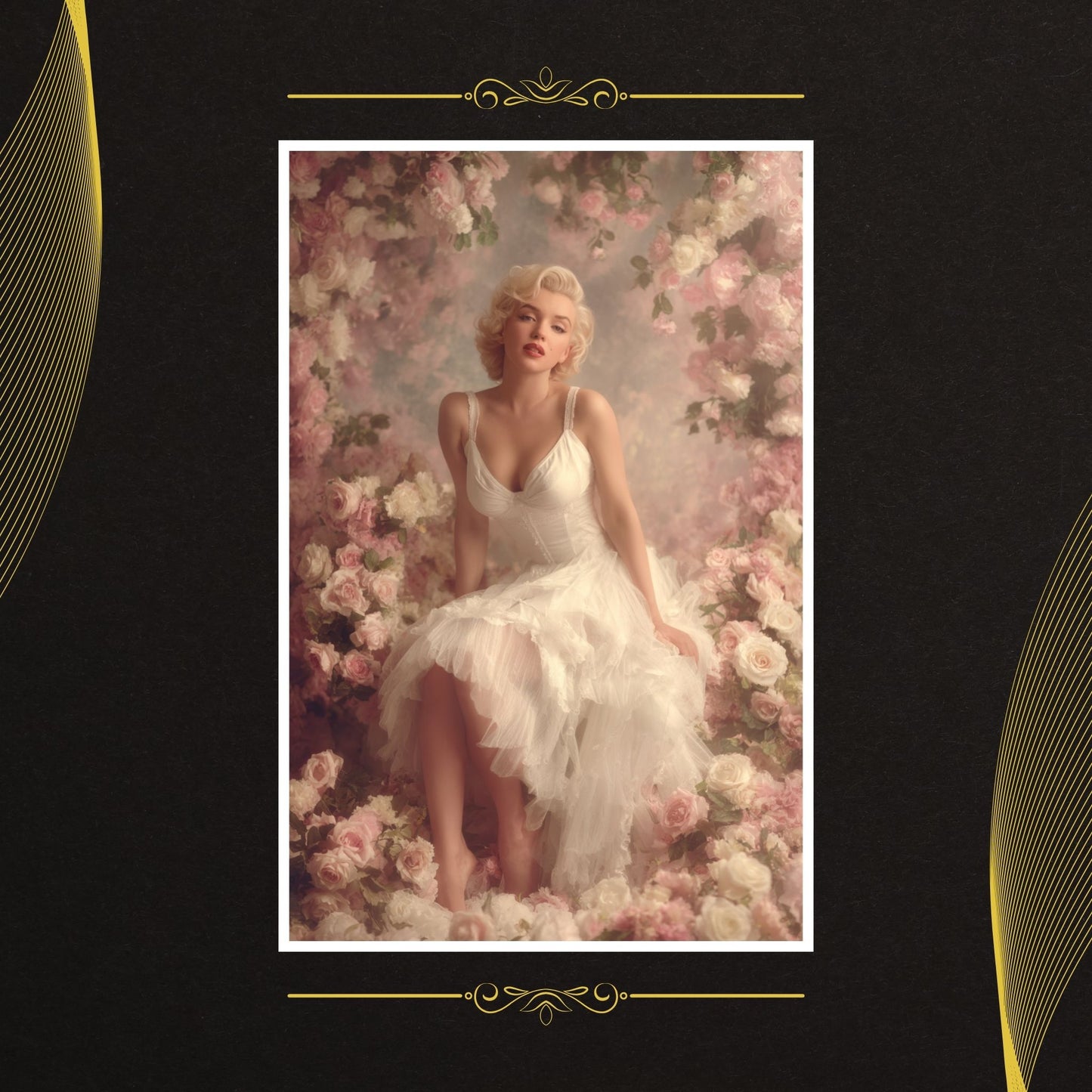 Marily Monroe in a white dress sitting among flowers with a decorative border