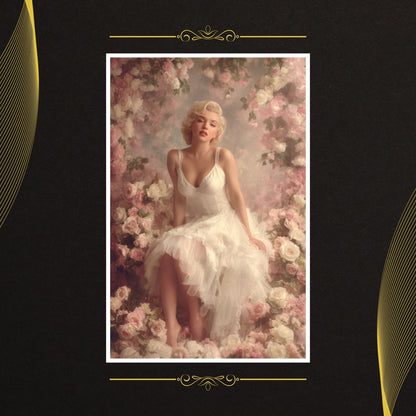 Marily Monroe in a white dress sitting among flowers with a decorative border