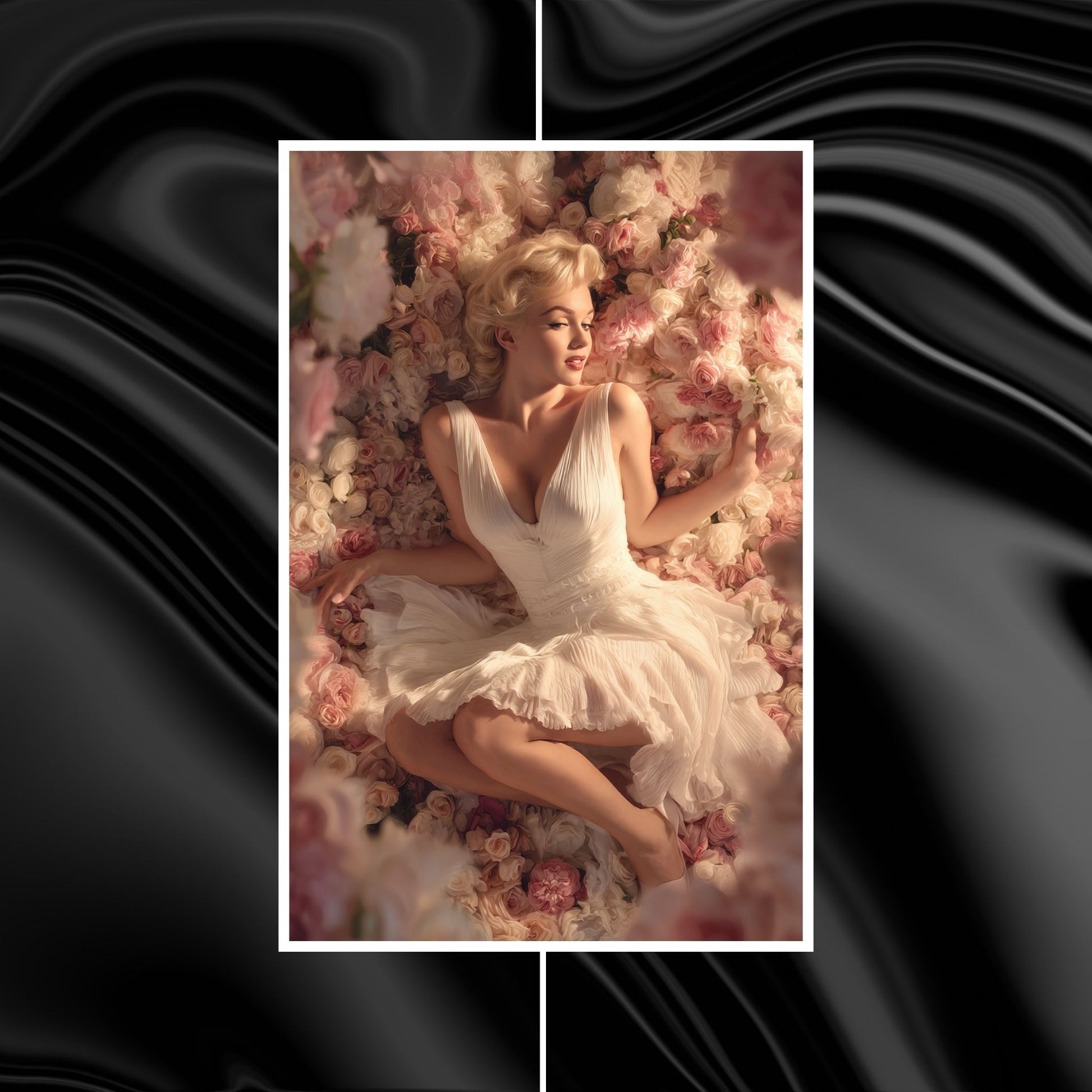 Marilyn Monroe in a white dress lying among flowers on a black and gray abstract background