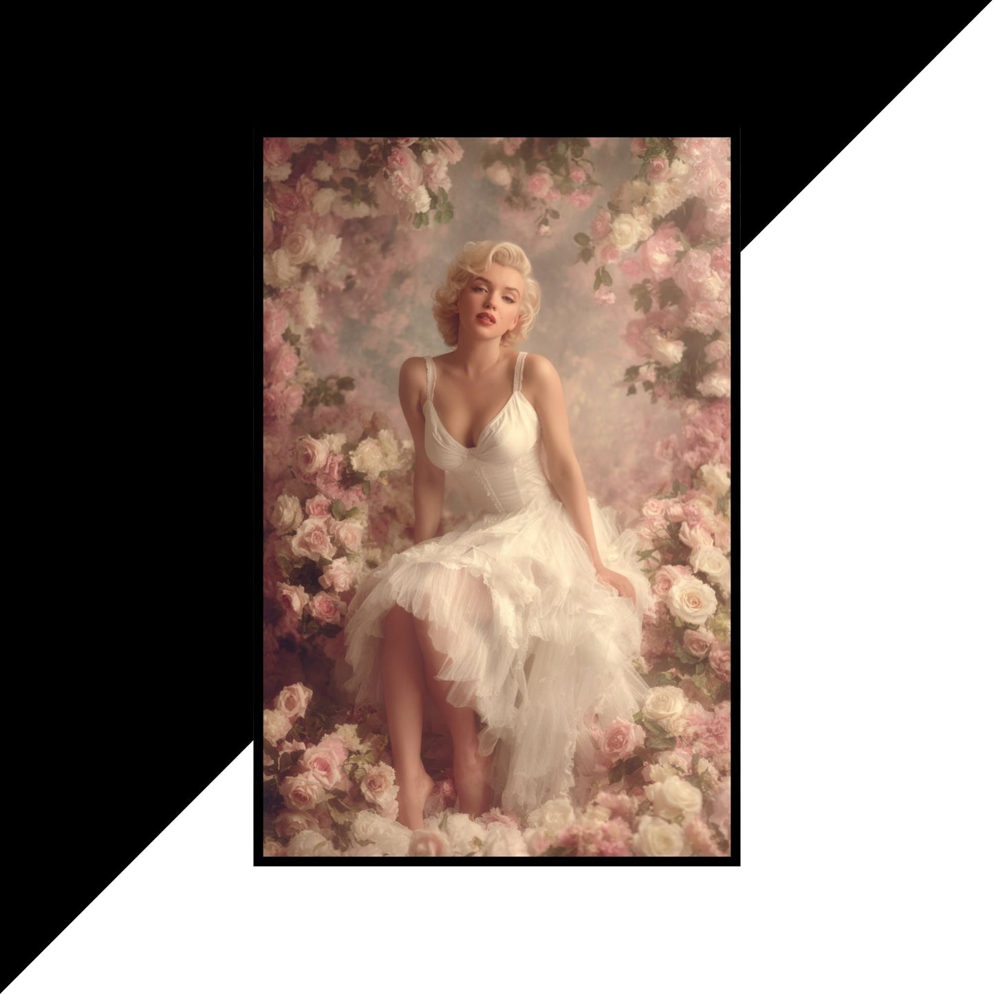 Marily Monroe in a white dress surrounded by flowers with a black border