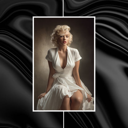 Marilyn Monroe in a white dress sitting against a dark, textured background