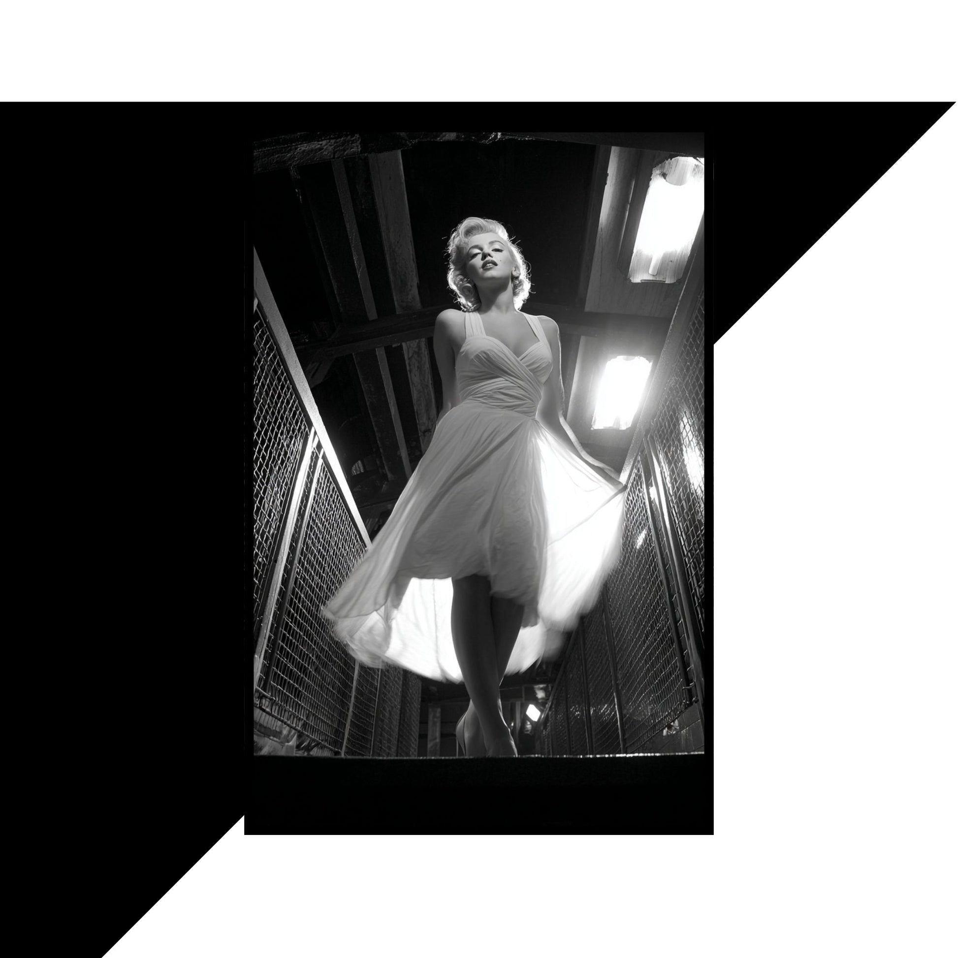 Black and white photo of a woman in a dress standing in an urban setting.